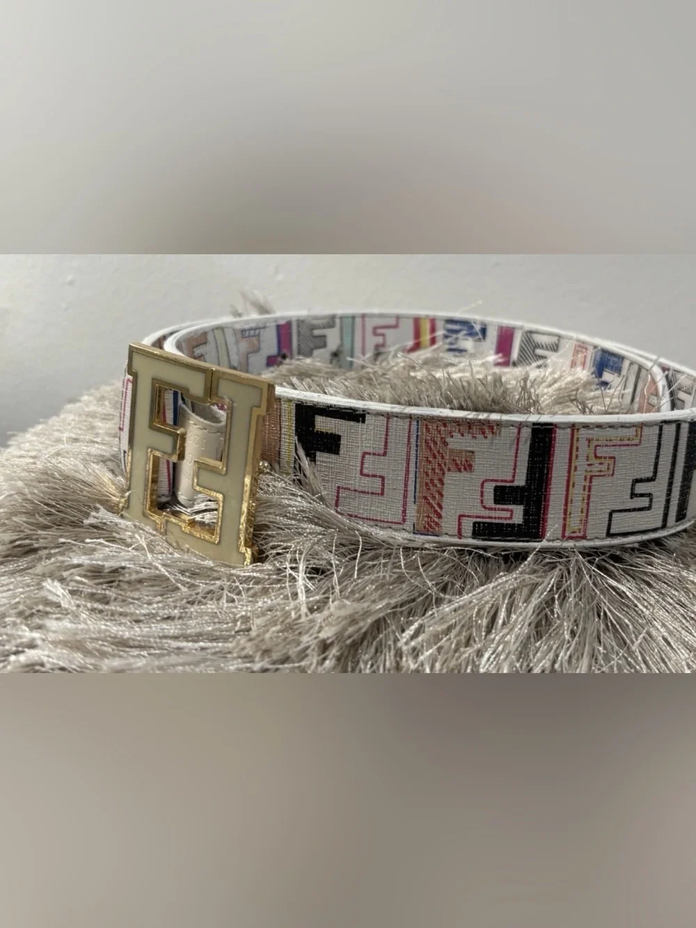 Fendi FF White leather Belt Multicolor Graphic monogram print gold FF buckle